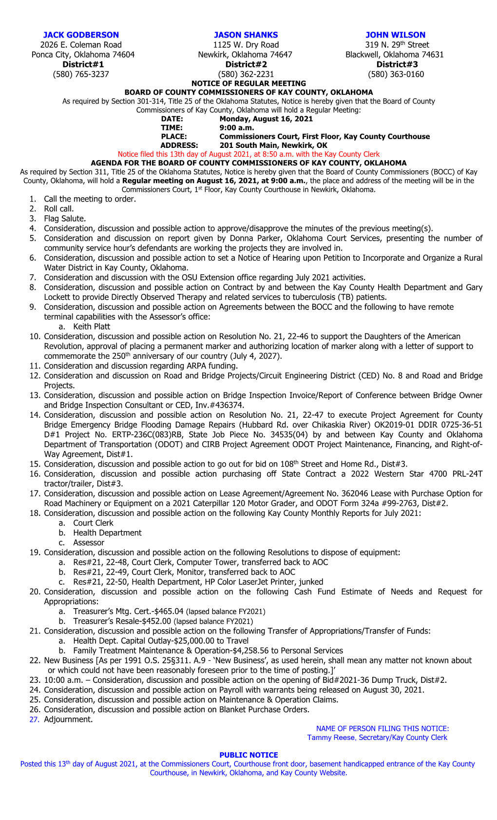 Board of County Commissioners Regular Meeting Agenda