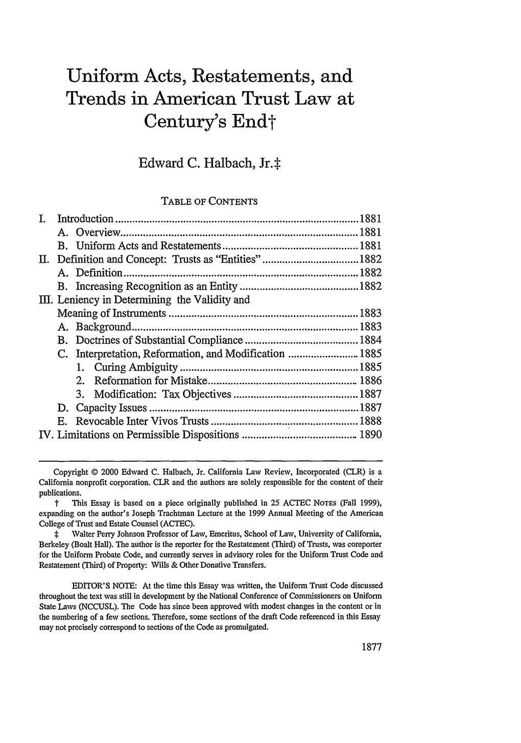 Uniform Acts, Restatements, and Trends in American Trust Law at Century's Endt