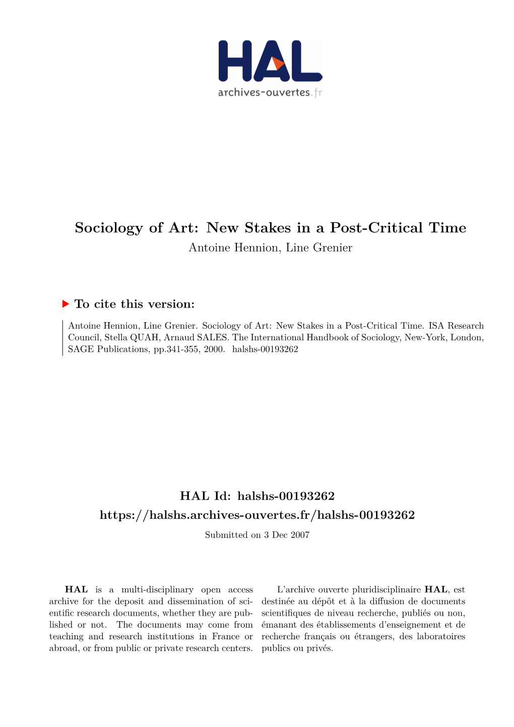 Sociology of Art: New Stakes in a Post-Critical Time Antoine Hennion, Line Grenier