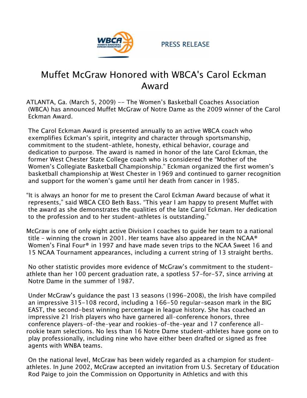 Muffet Mcgraw Honored with WBCA's Carol Eckman Award 2008-09