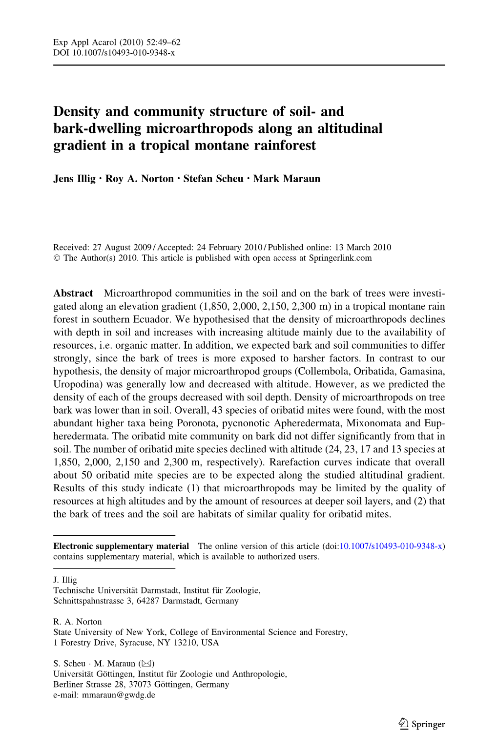 And Bark-Dwelling Microarthropods Along an Altitudinal Gradient in a Tropical Montane Rainforest