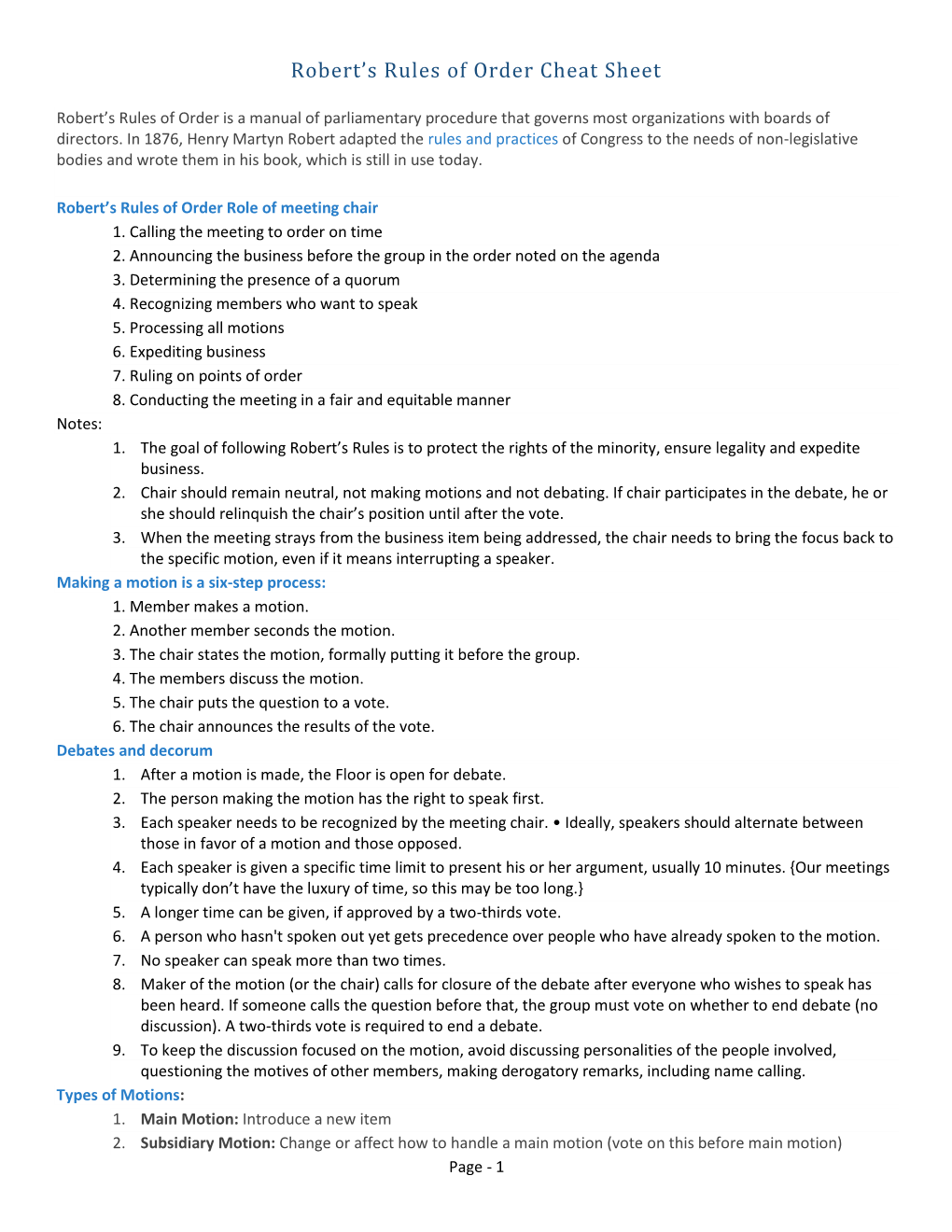 Robert's Rules of Order Cheat Sheet