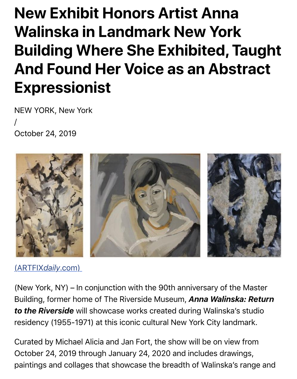 New Exhibit Honors Artist Anna Walinska in Landmark New York Building Where She Exhibited, Taught and Found Her Voice As an Abstract Expressionist