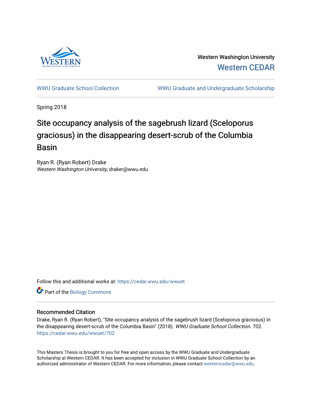 Site Occupancy Analysis of the Sagebrush Lizard (Sceloporus Graciosus) in the Disappearing Desert-Scrub of the Columbia Basin