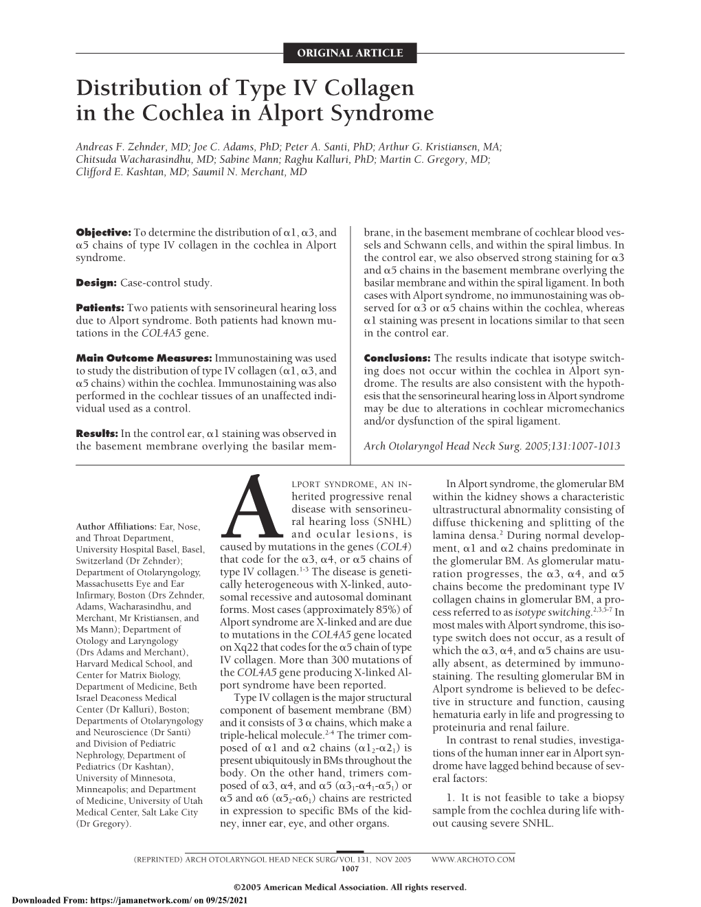 Distribution of Type IV Collagen in the Cochlea in Alport Syndrome