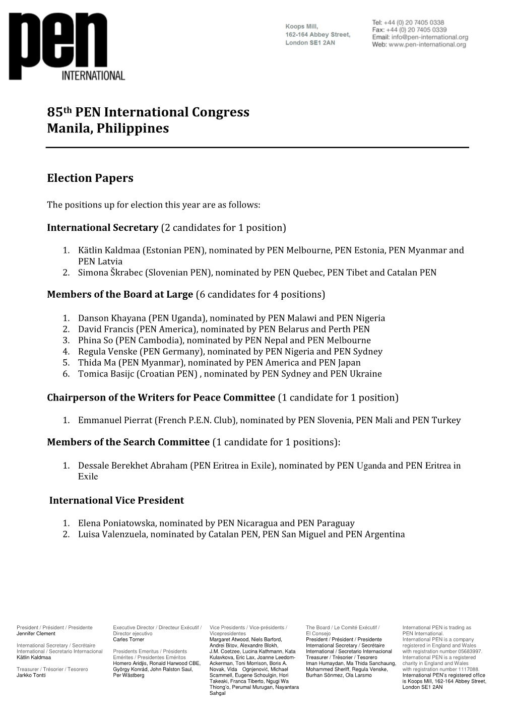 85Th PEN International Congress Manila, Philippines