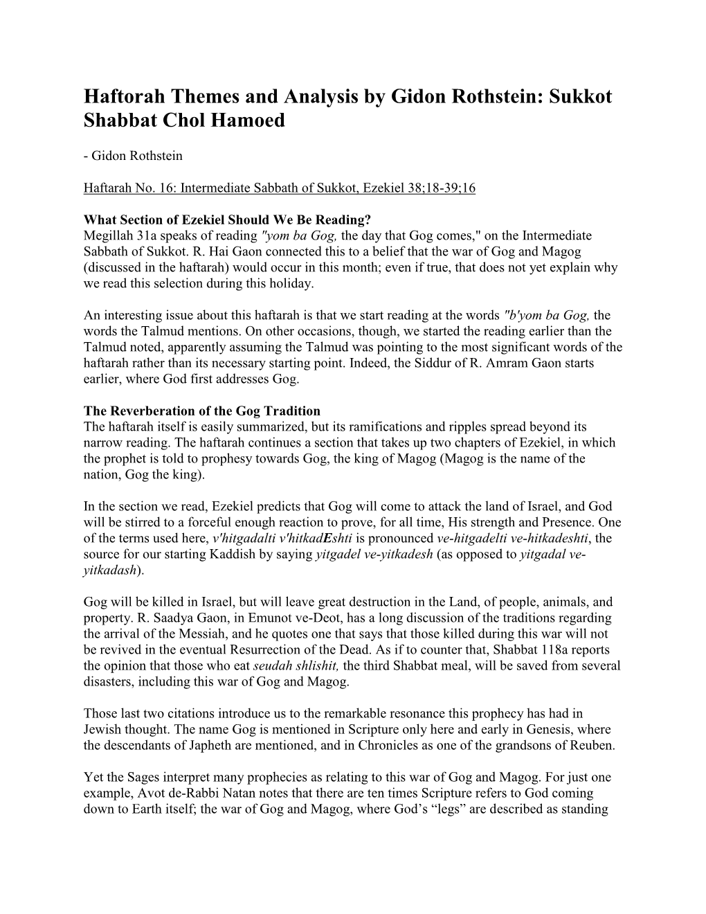 Haftorah Themes and Analysis by Gidon Rothstein: Sukkot Shabbat Chol Hamoed