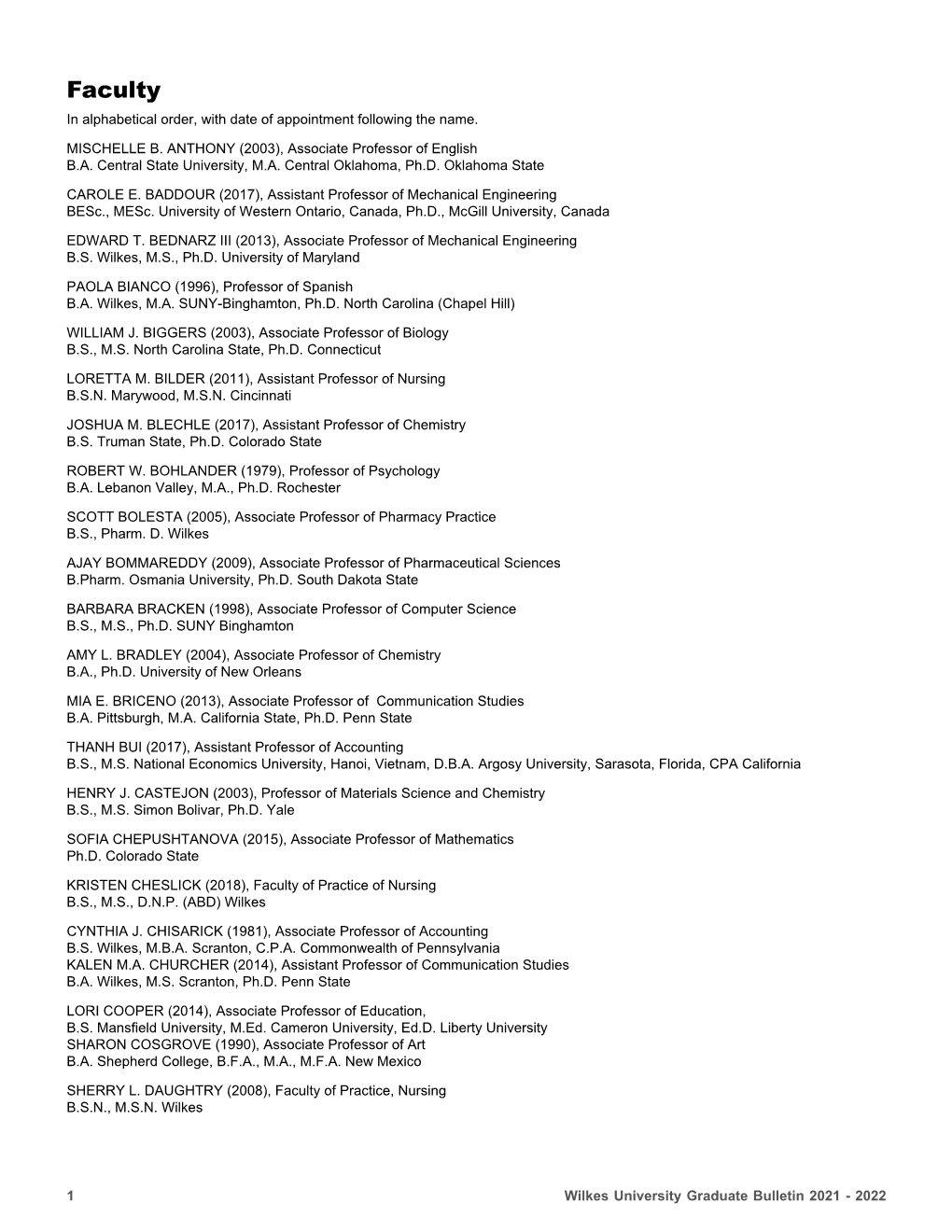 Faculty in Alphabetical Order, with Date of Appointment Following the Name