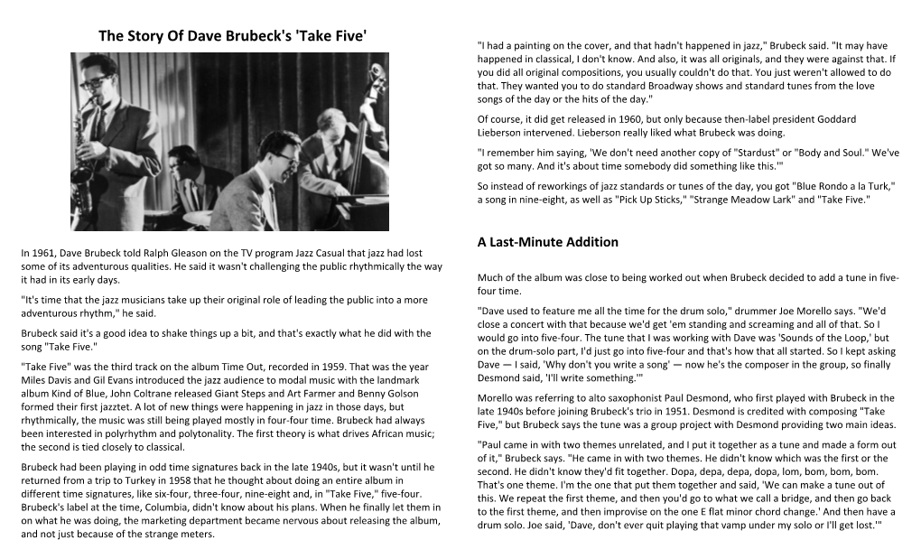 The Story of Dave Brubeck's 'Take Five' 