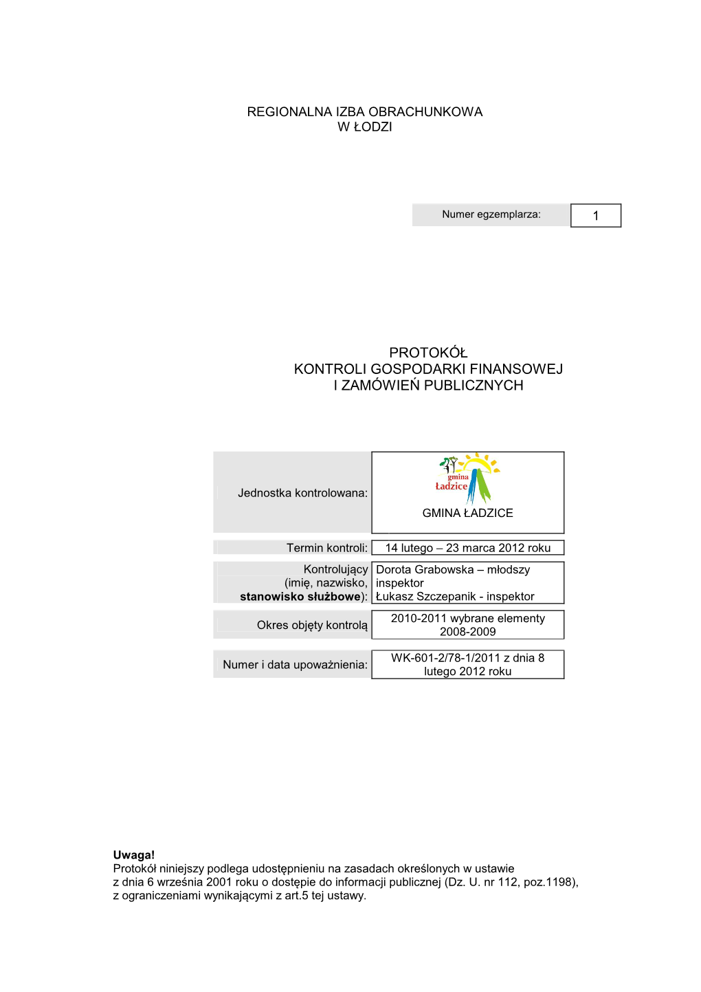 Protokół Kontroli Gospodarki Finansowej I Zamówień Publicznych