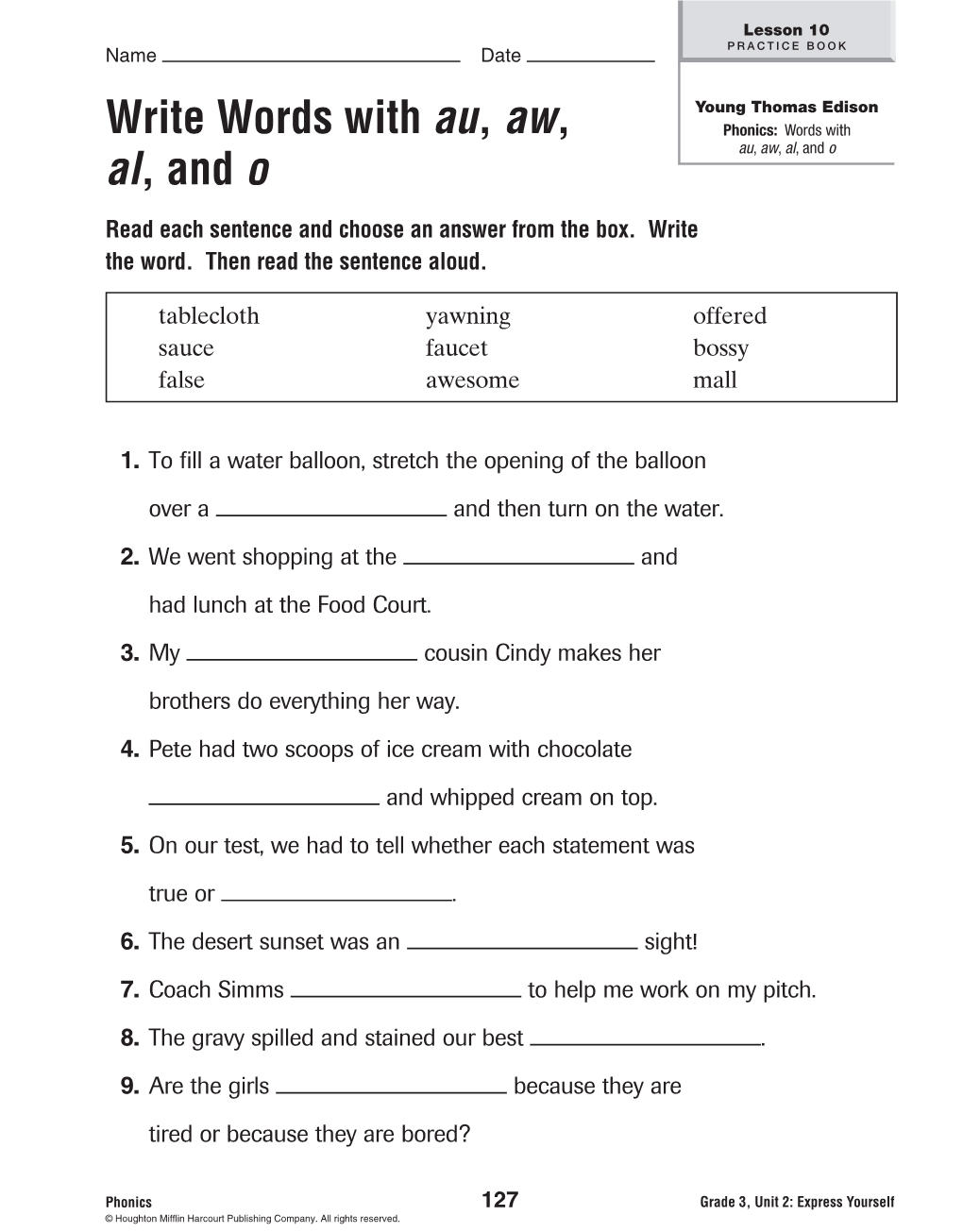 Write Words with Au, Aw, Al, and O