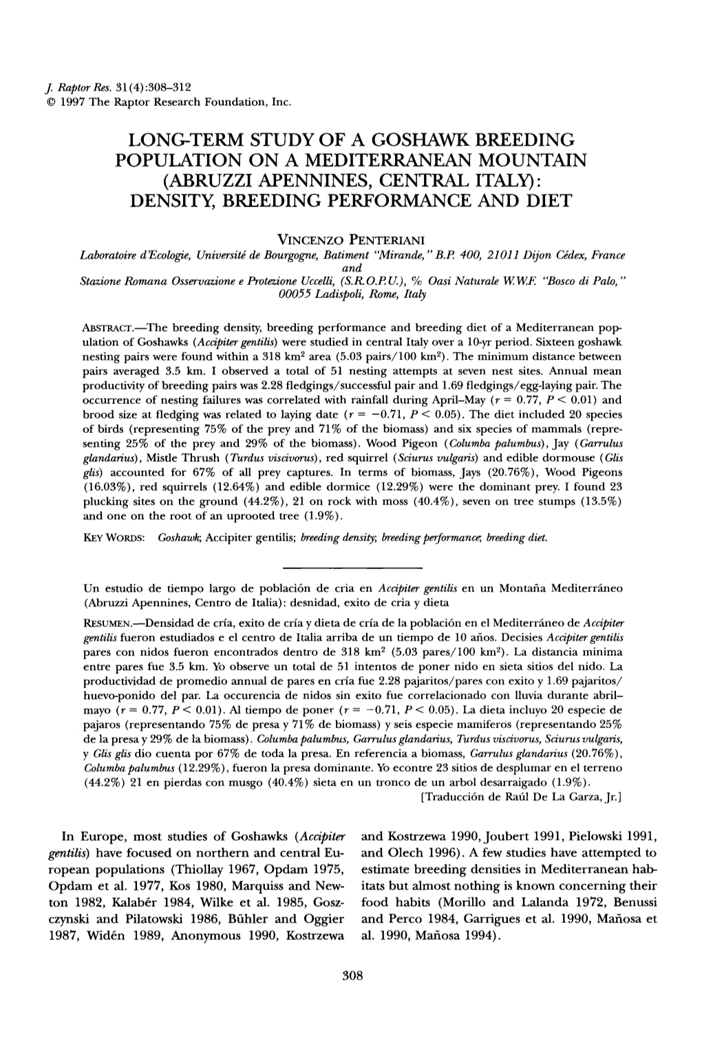 Term Study of a Goshawk Breeding Population on a Mediterranean Mountain (Abruzzi Apennines, Central Italy): Density, Breeding Performance and Diet