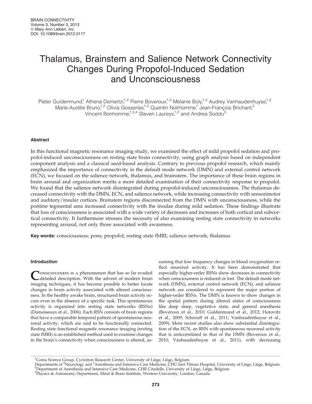 Thalamus, Brainstem and Salience Network Connectivity Changes During Propofol-Induced Sedation and Unconsciousness