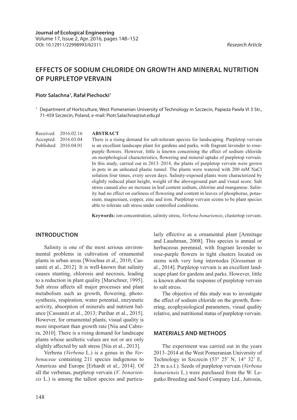 Effects of Sodium Chloride on Growth and Mineral Nutrition of Purpletop Vervain