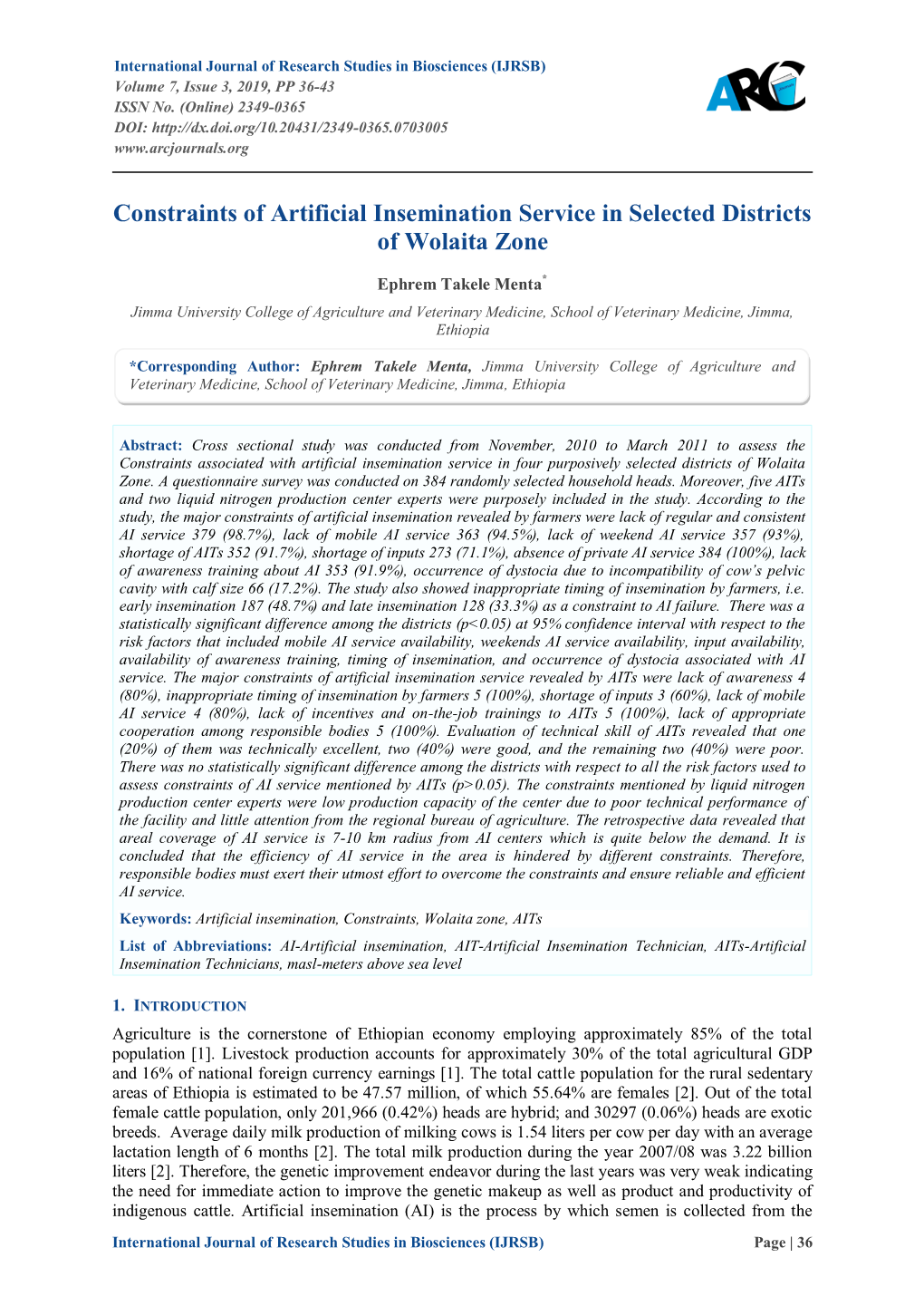 Constraints of Artificial Insemination Service in Selected Districts of Wolaita Zone
