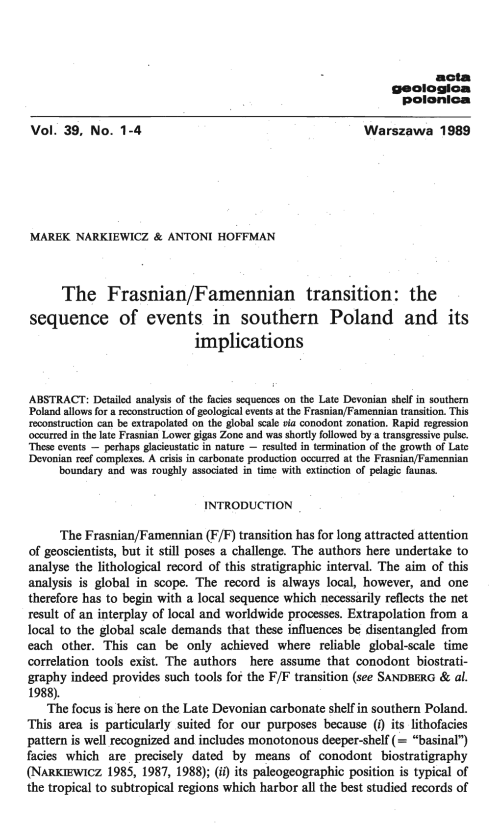 The Frasnian/Famennian Transition: the Sequence of Events in Southern Poland and Its Implications