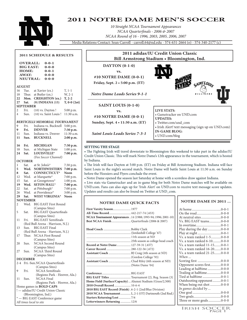 2011 Notre Dame Men's Soccer Notre Dame Combined Team Statistics (As of Aug 27, 2011) All Games