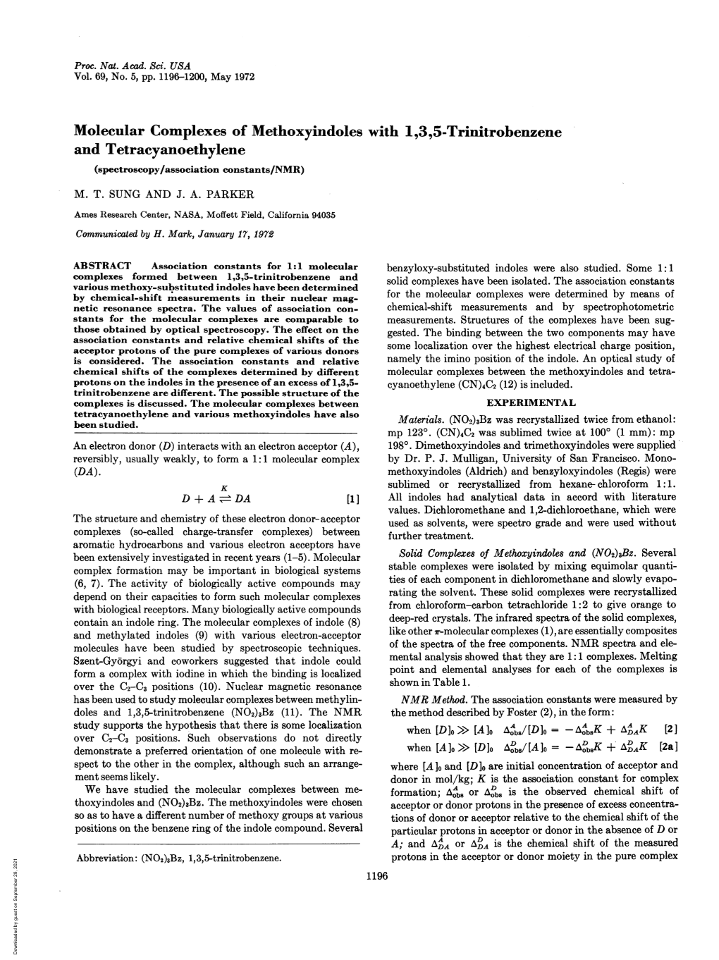 Molecular Complexes of Methoxyindoles with 1,3,5-Trinitrobenzene and Tetracyanoethylene (Spectroscopy/Association Constants/NMR) M