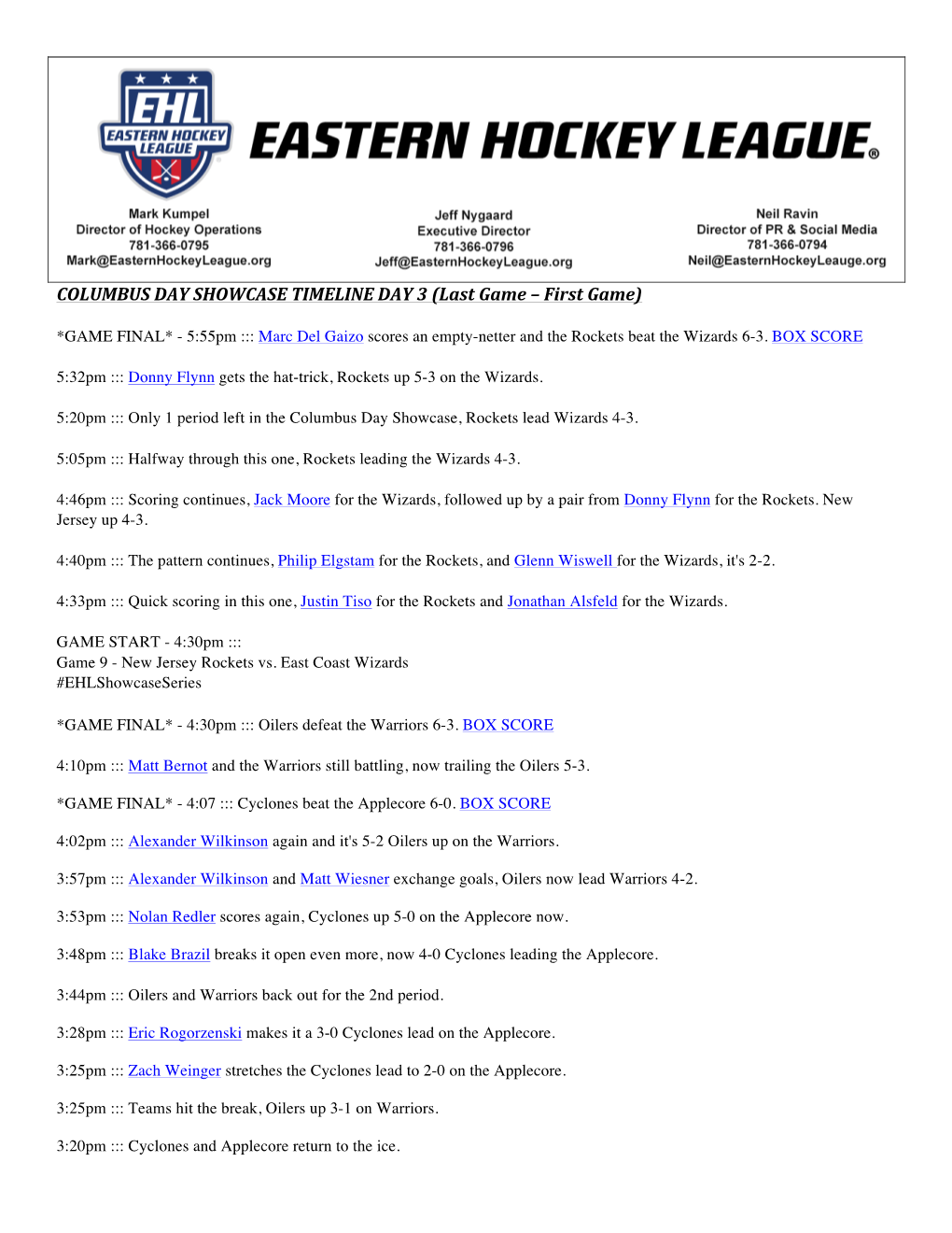 COLUMBUS DAY SHOWCASE TIMELINE DAY 3 (Last Game – First Game)