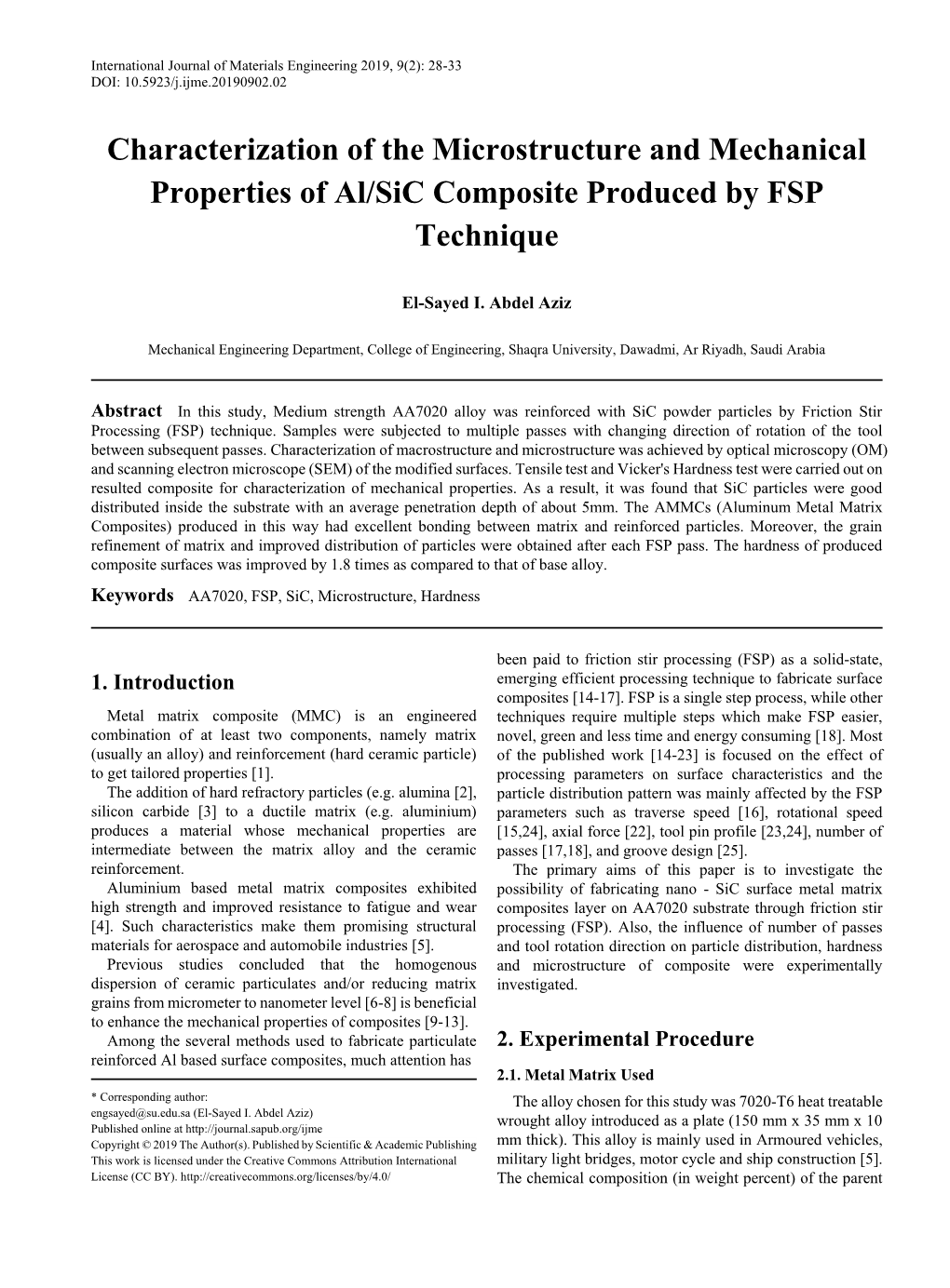 Characterization of the Microstructure and Mechanical Properties of Al/Sic Composite Produced by FSP Technique