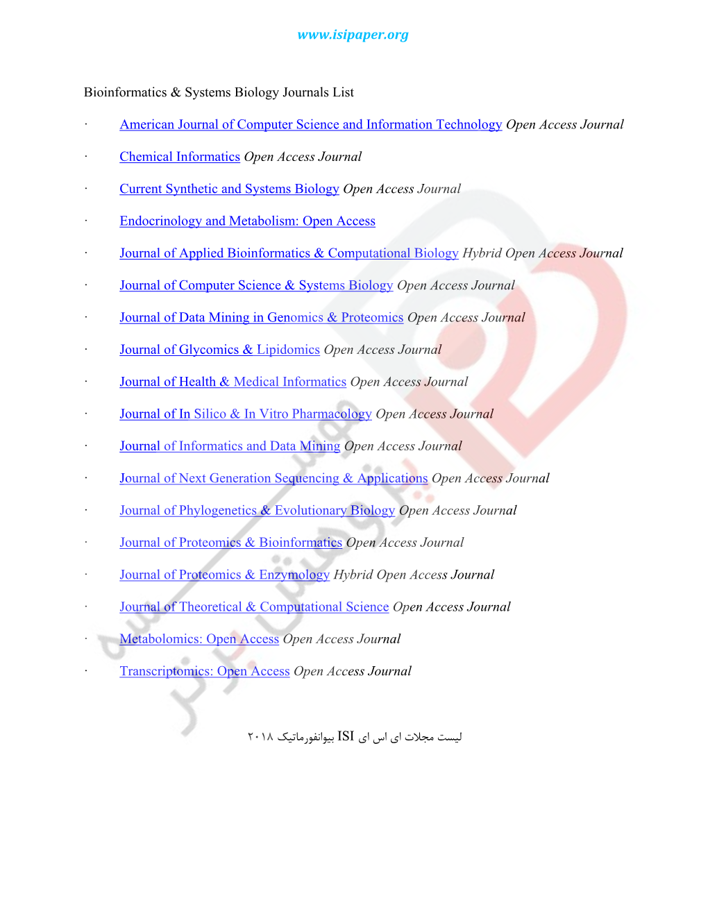 Bioinformatics & Systems Biology Journals List