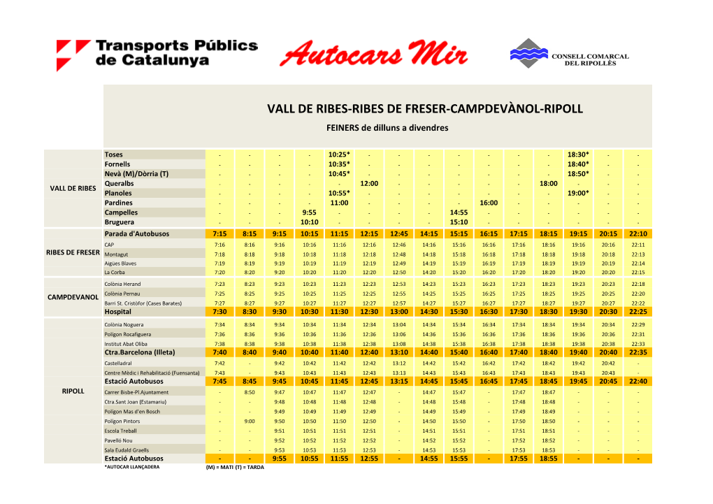 VALL DE RIBES-RIBES DE FRESER-CAMPDEVÀNOL-RIPOLL FEINERS De Dilluns a Divendres