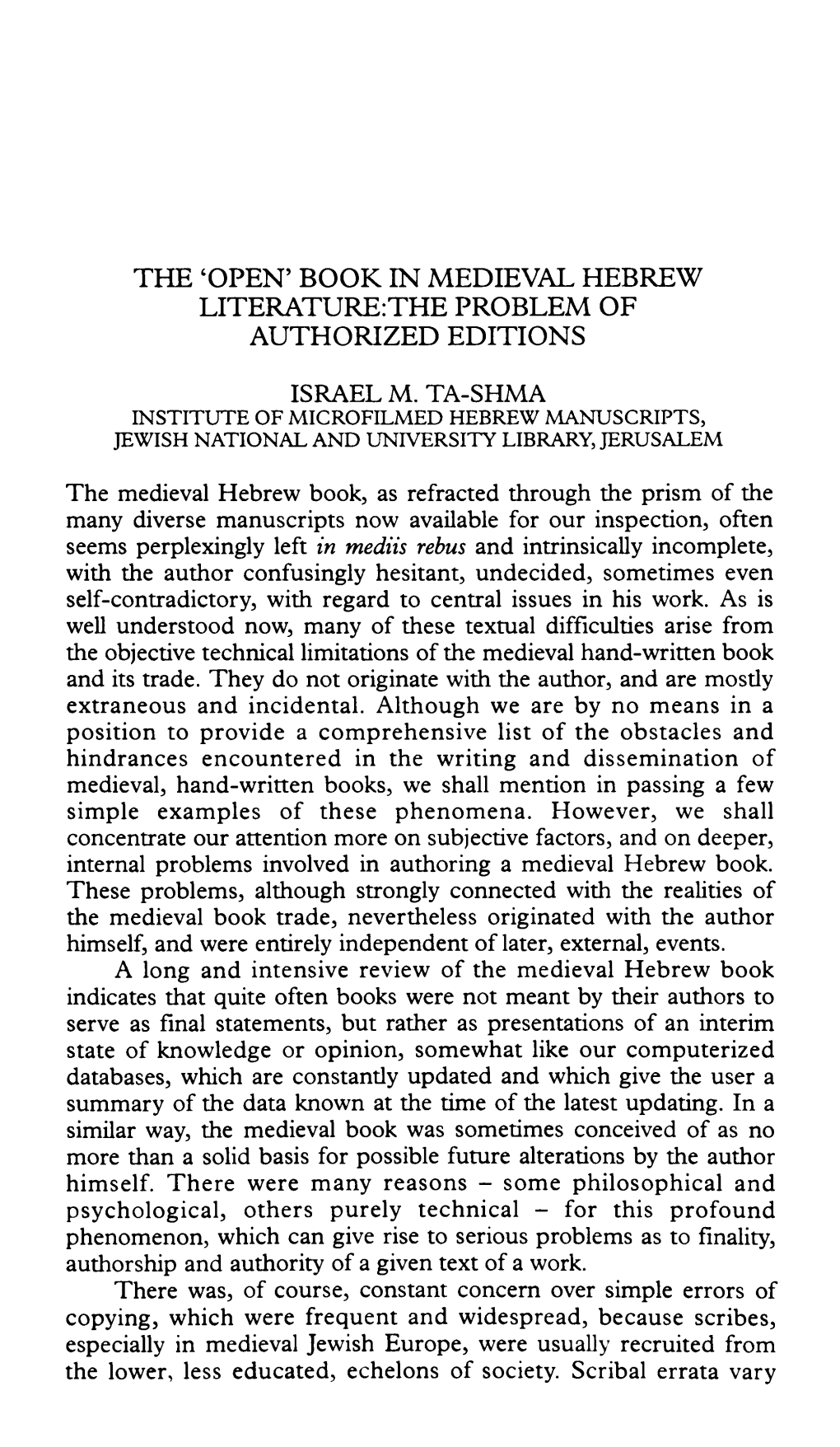 The 'Open' Book in Medieval Hebrew Literature:The Problem of Authorized Editions