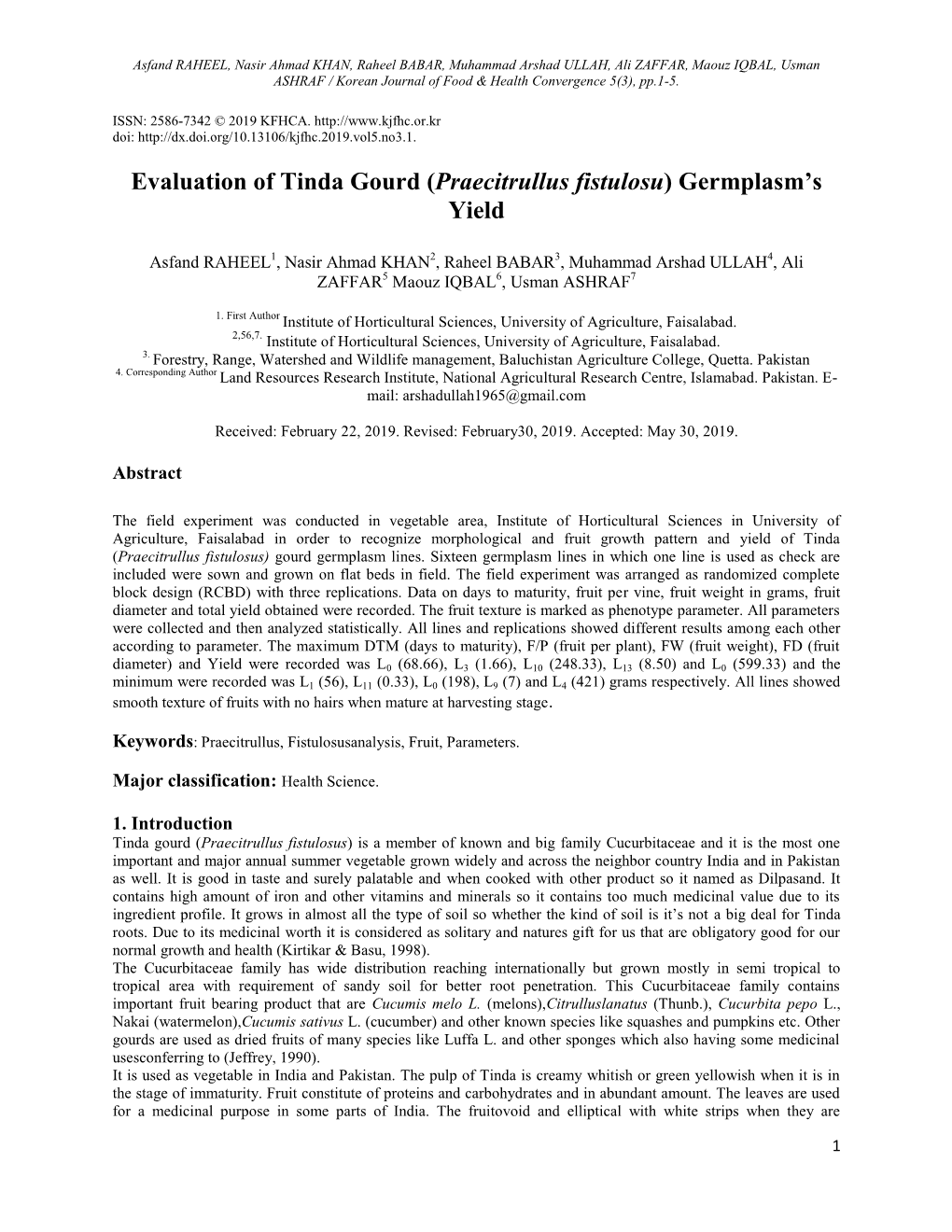 Evaluation of Tinda Gourd (Praecitrullus Fistulosu) Germplasm’S Yield