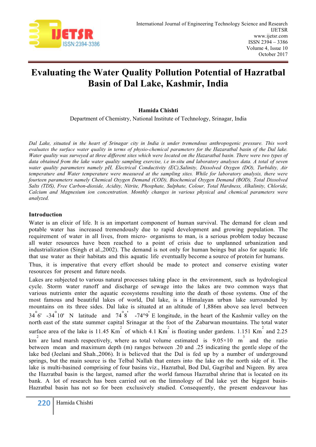 Evaluating the Water Quality Pollution Potential of Hazratbal Basin of Dal Lake, Kashmir, India