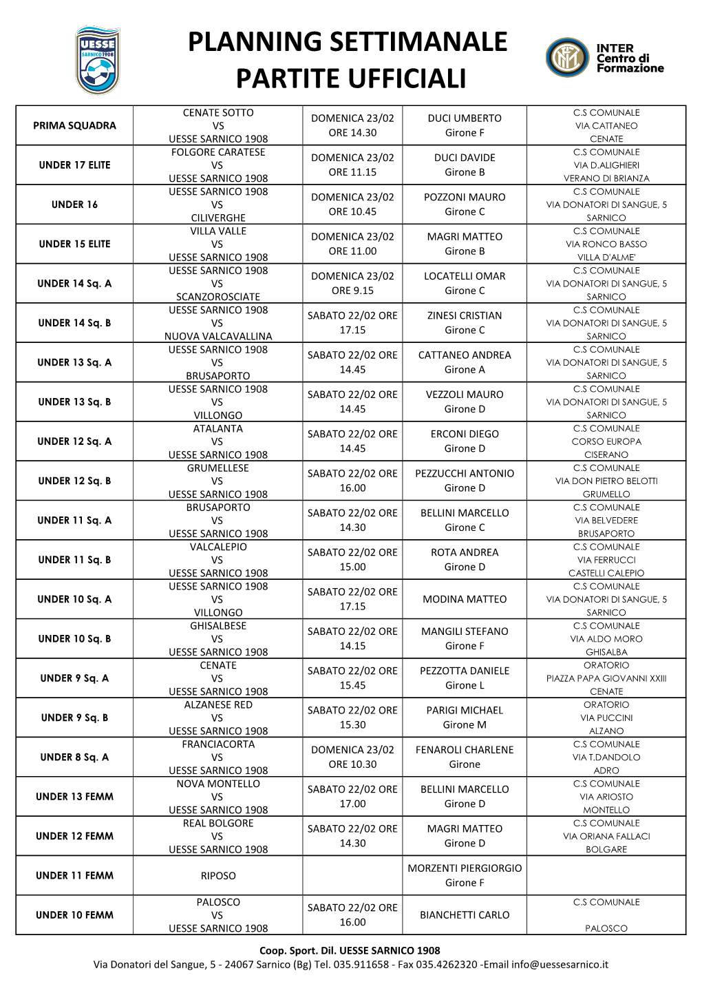 Planning Settimanale Partite Ufficiali