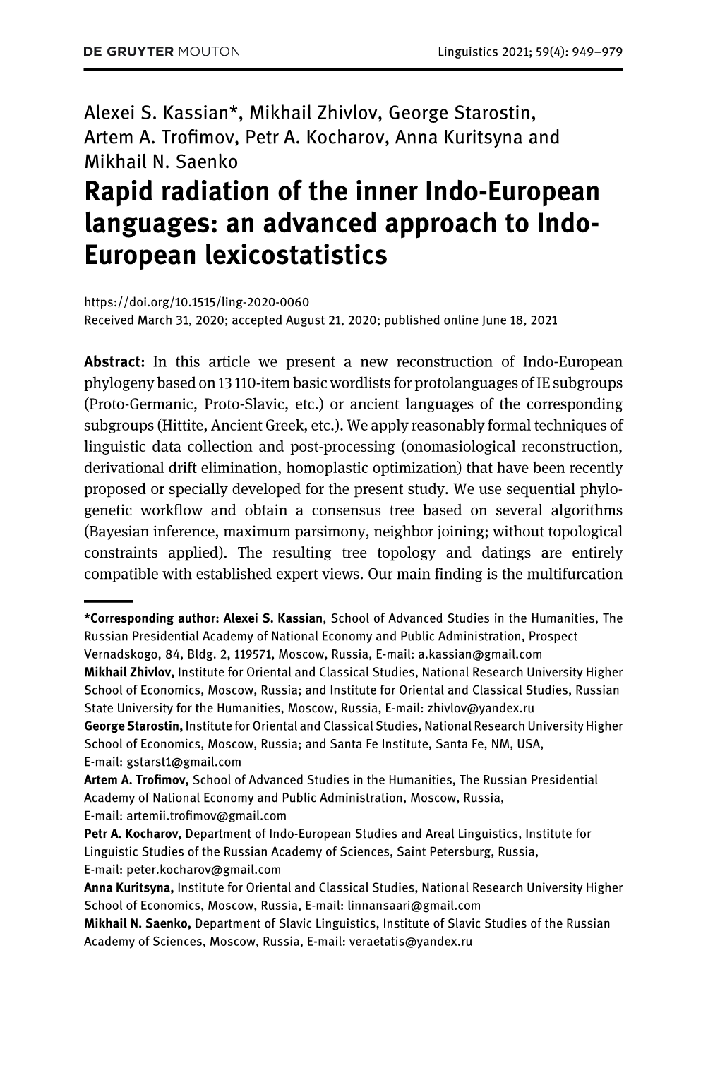 Rapid Radiation of the Inner Indo-European Languages