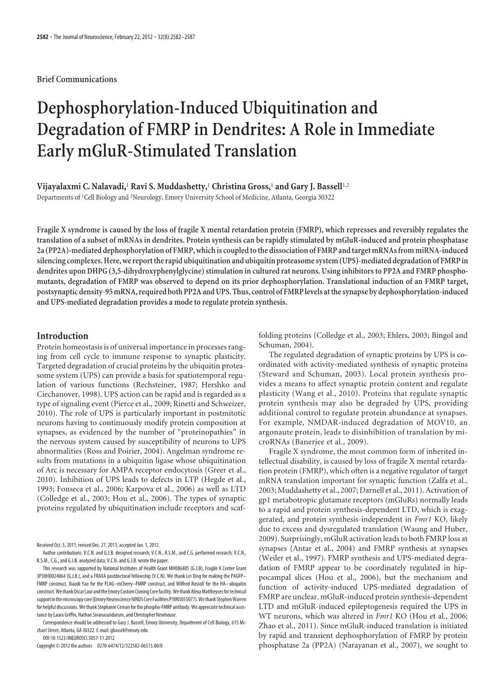 Dephosphorylation-Induced Ubiquitination and Degradation of FMRP in Dendrites: a Role in Immediate Early Mglur-Stimulated Translation