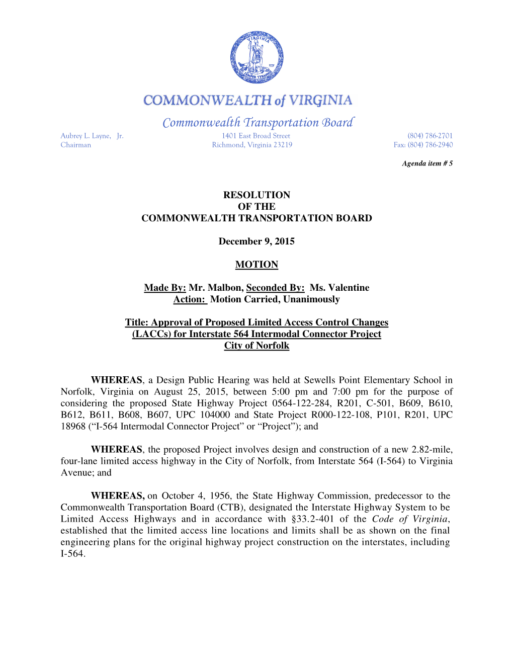(Laccs) for Interstate 564 Intermodal Connector Project City of Norfolk
