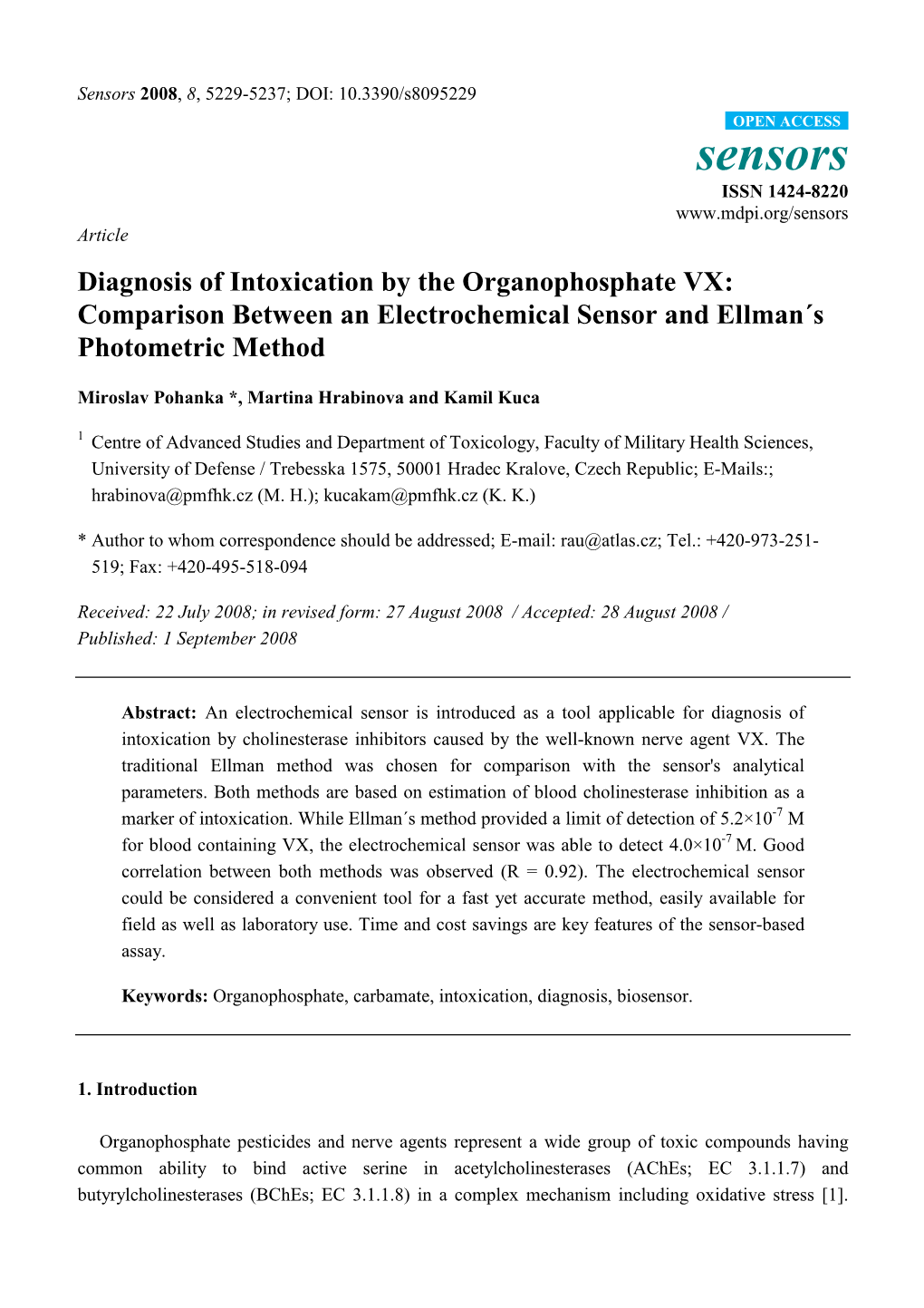 Diagnosis of Intoxication by the Organophosphate VX: Comparison Between an Electrochemical Sensor and Ellman´S Photometric Method