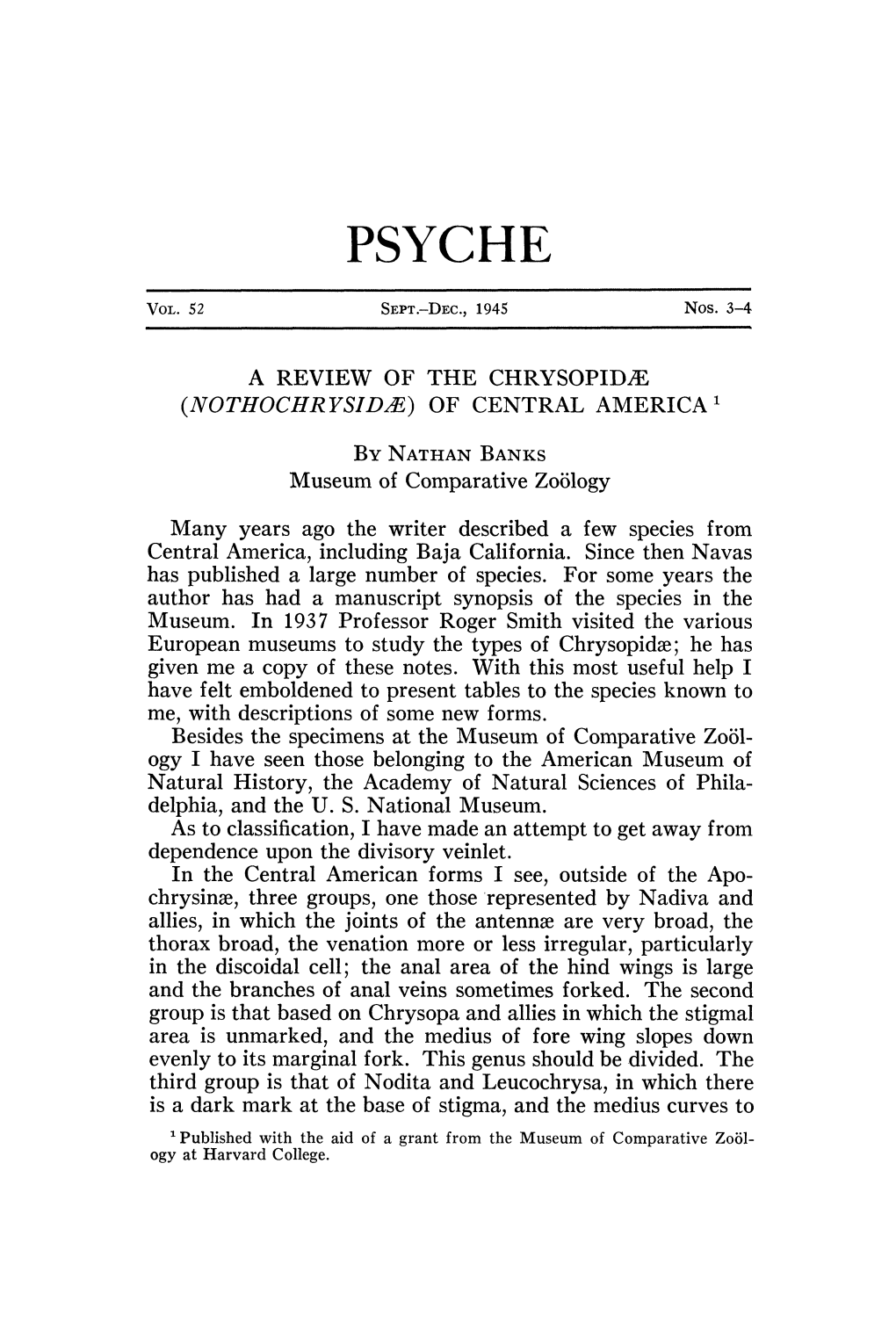 A Review of the Chrysopidæ (Nothochrysidæ) of Central America