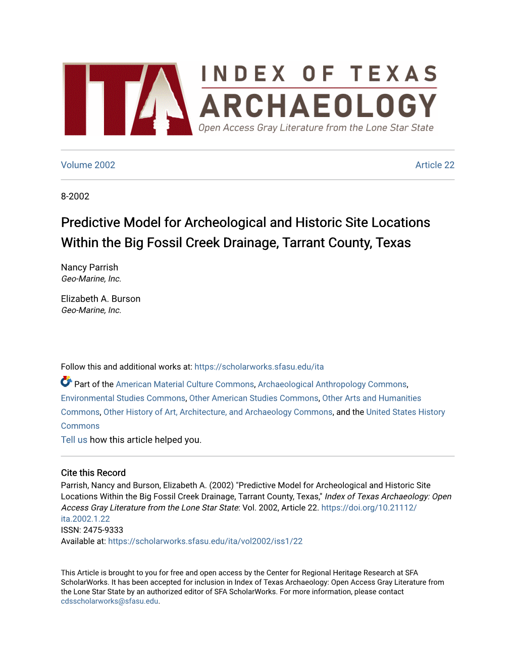 Predictive Model for Archeological and Historic Site Locations Within the Big Fossil Creek Drainage, Tarrant County, Texas