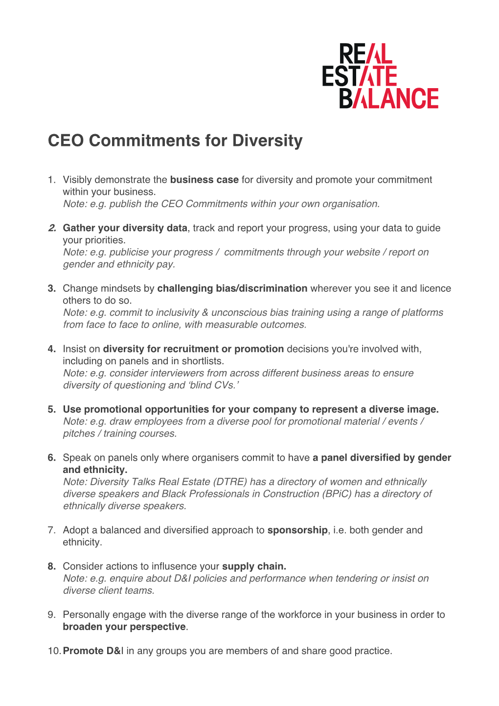 REB CEO Commitments for Diversity August 2021