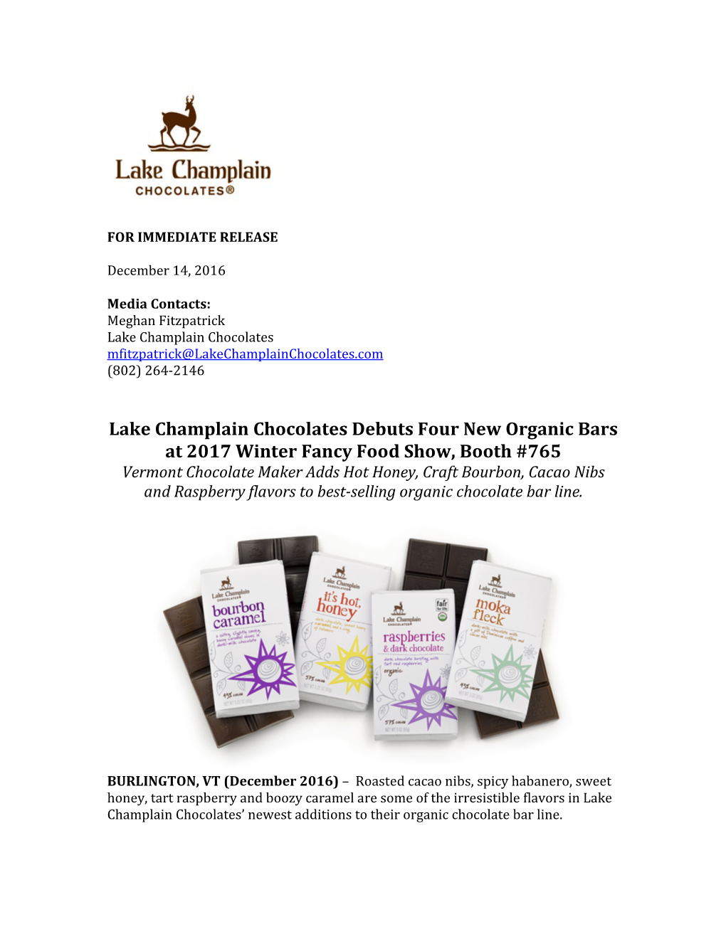 Lake Champlain Chocolates Debuts Four New Organic Bars at 2017 Winter Fancy Food Show, Booth #765