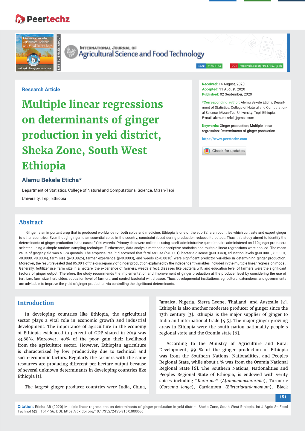 Multiple Linear Regressions on Determinants of Ginger Production in Yeki District, Sheka Zone, South West Ethiopia