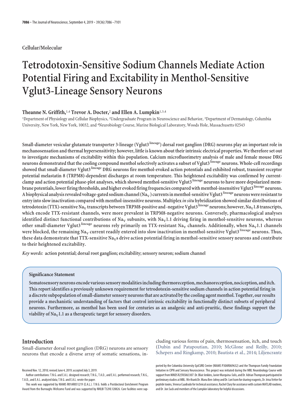 Tetrodotoxin-Sensitive Sodium Channels Mediate Action Potential Firing and Excitability in Menthol-Sensitive Vglut3-Lineage Sensory Neurons