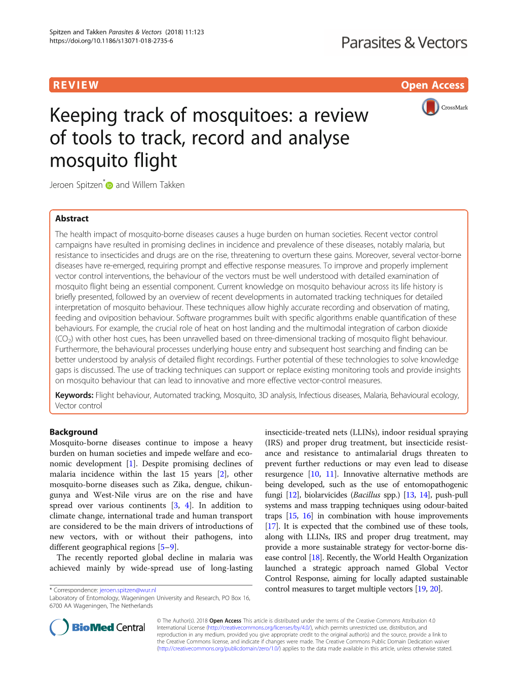 A Review of Tools to Track, Record and Analyse Mosquito Flight Jeroen Spitzen* and Willem Takken