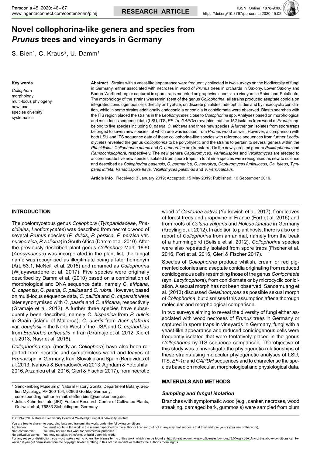 Novel Collophorina-Like Genera and Species from Prunus Trees and Vineyards in Germany