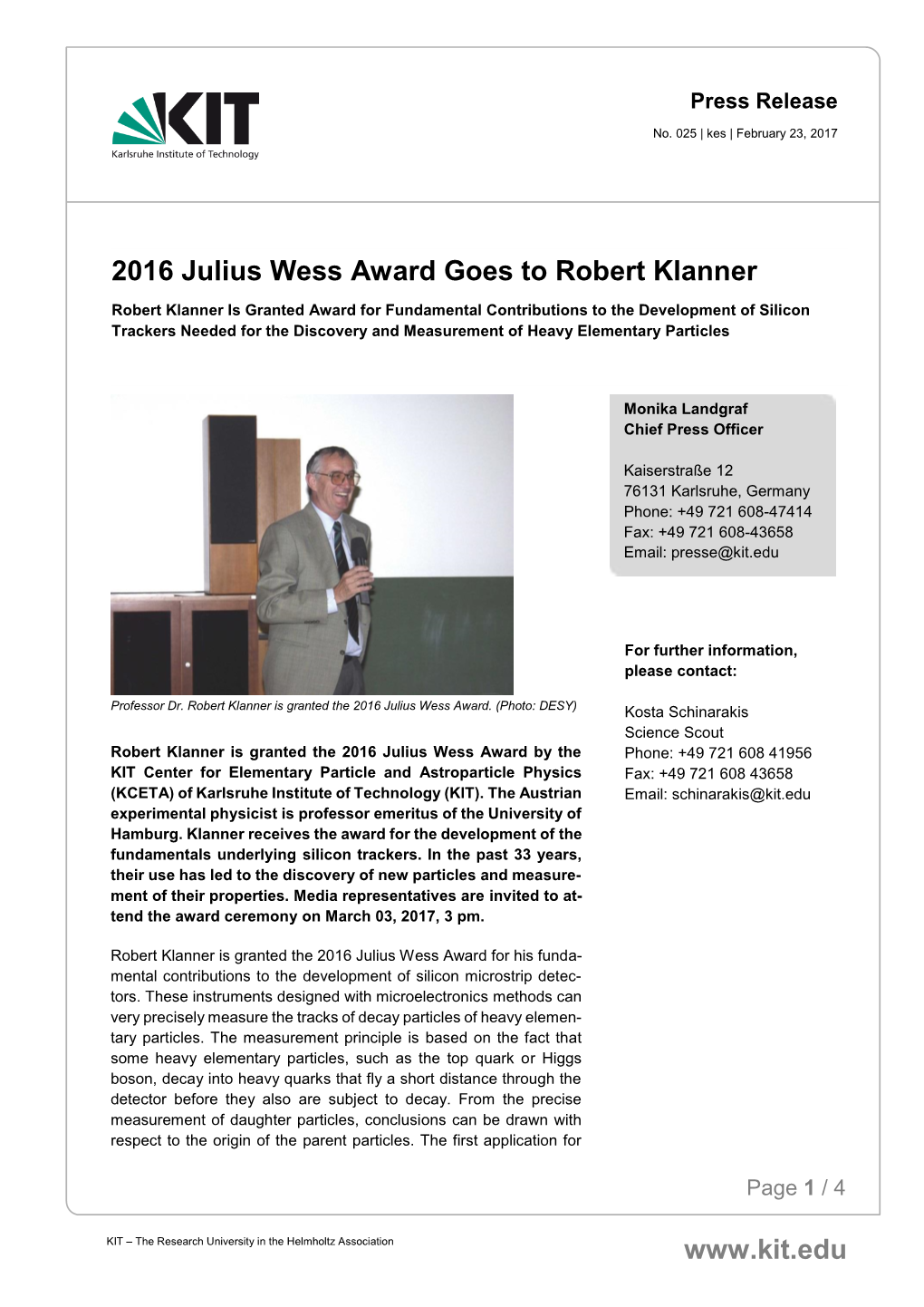 2016 Julius Wess Award Goes to Robert Klanner