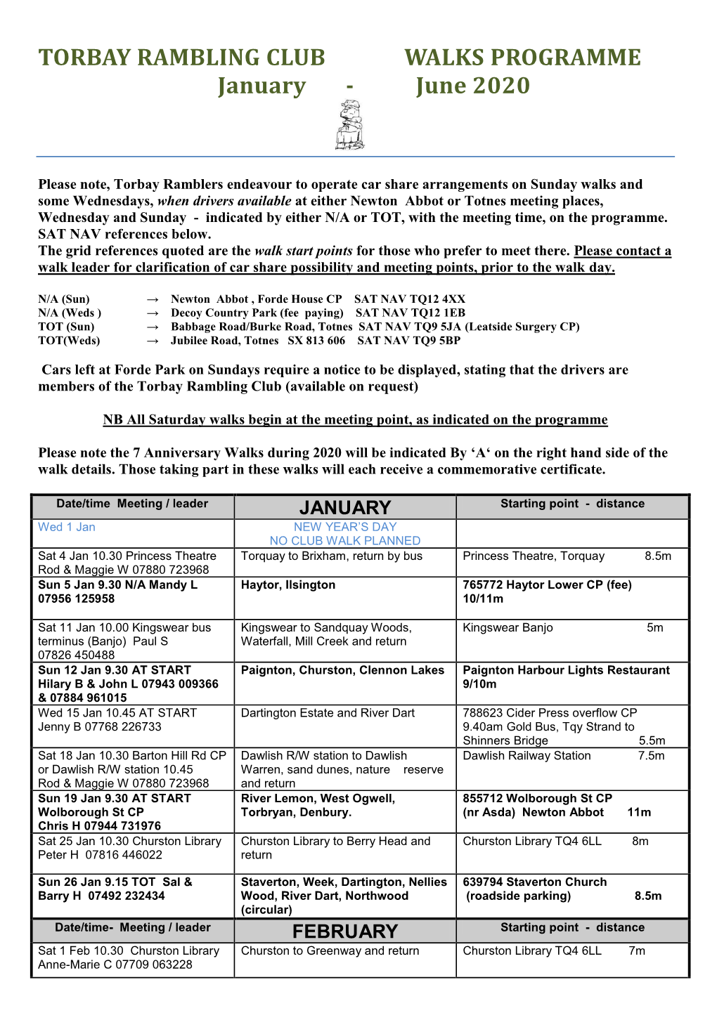 TORBAY RAMBLING CLUB WALKS PROGRAMME January - June 2020