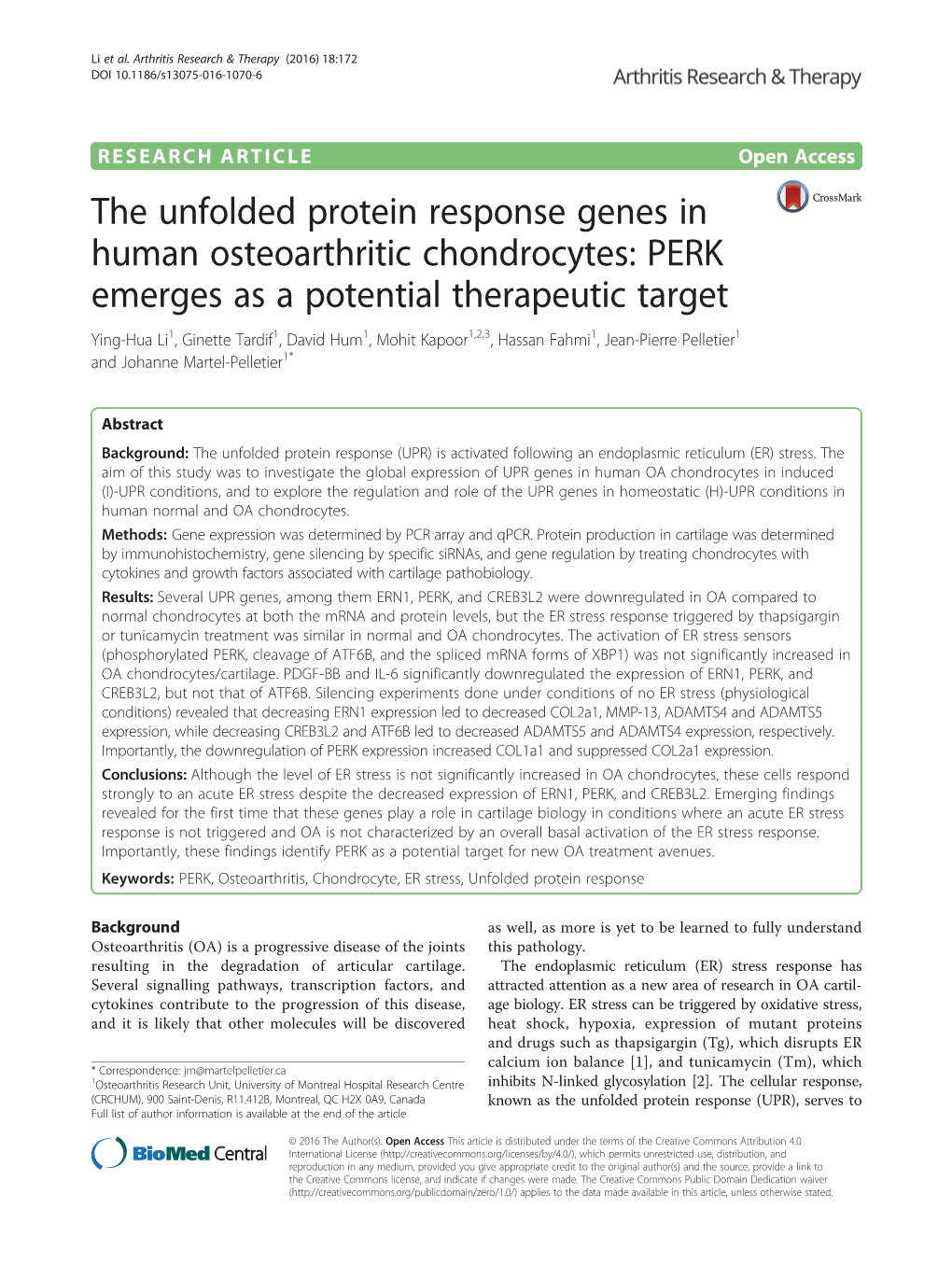 The Unfolded Protein Response Genes in Human Osteoarthritic Chondrocytes