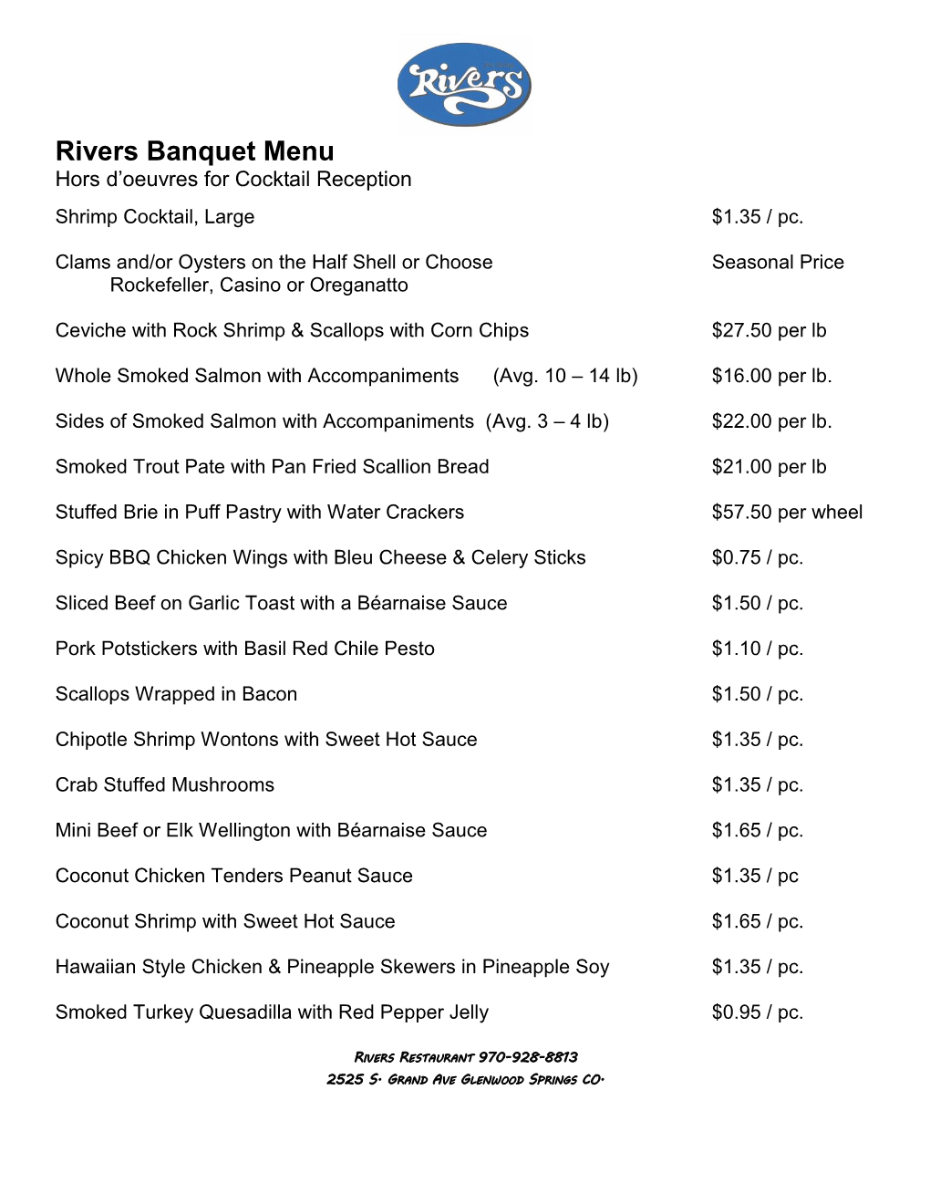 Rivers Banquet Menu Hors D’Oeuvres for Cocktail Reception