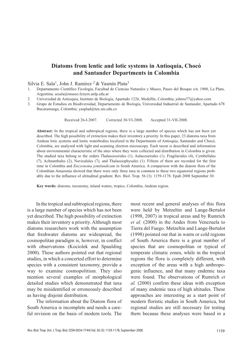 Diatoms from Lentic and Lotic Systems in Antioquia, Chocó and Santander Departments in Colombia