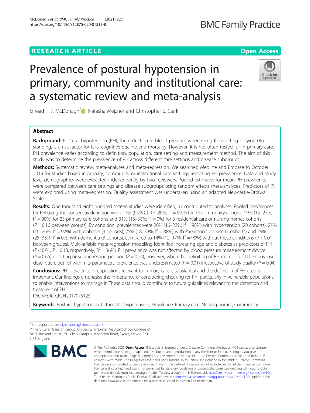 Prevalence of Postural Hypotension in Primary, Community and Institutional Care: a Systematic Review and Meta-Analysis Sinead T