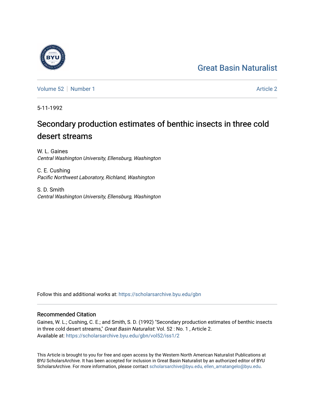 Secondary Production Estimates of Benthic Insects in Three Cold Desert Streams