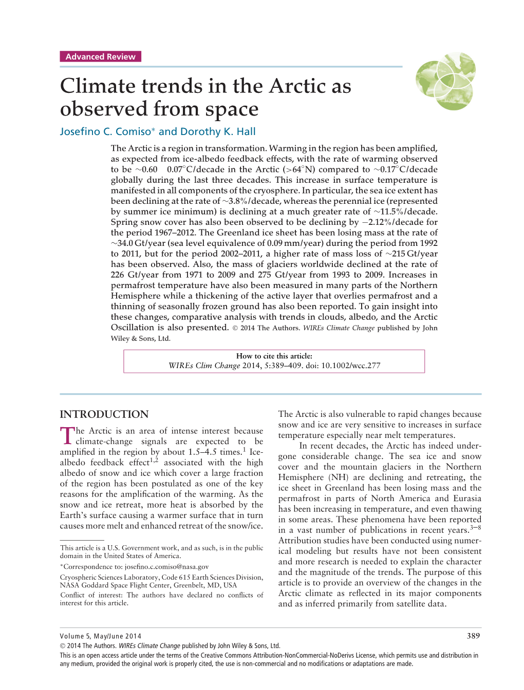 Climate Trends in the Arctic As Observed from Space Joseﬁno C